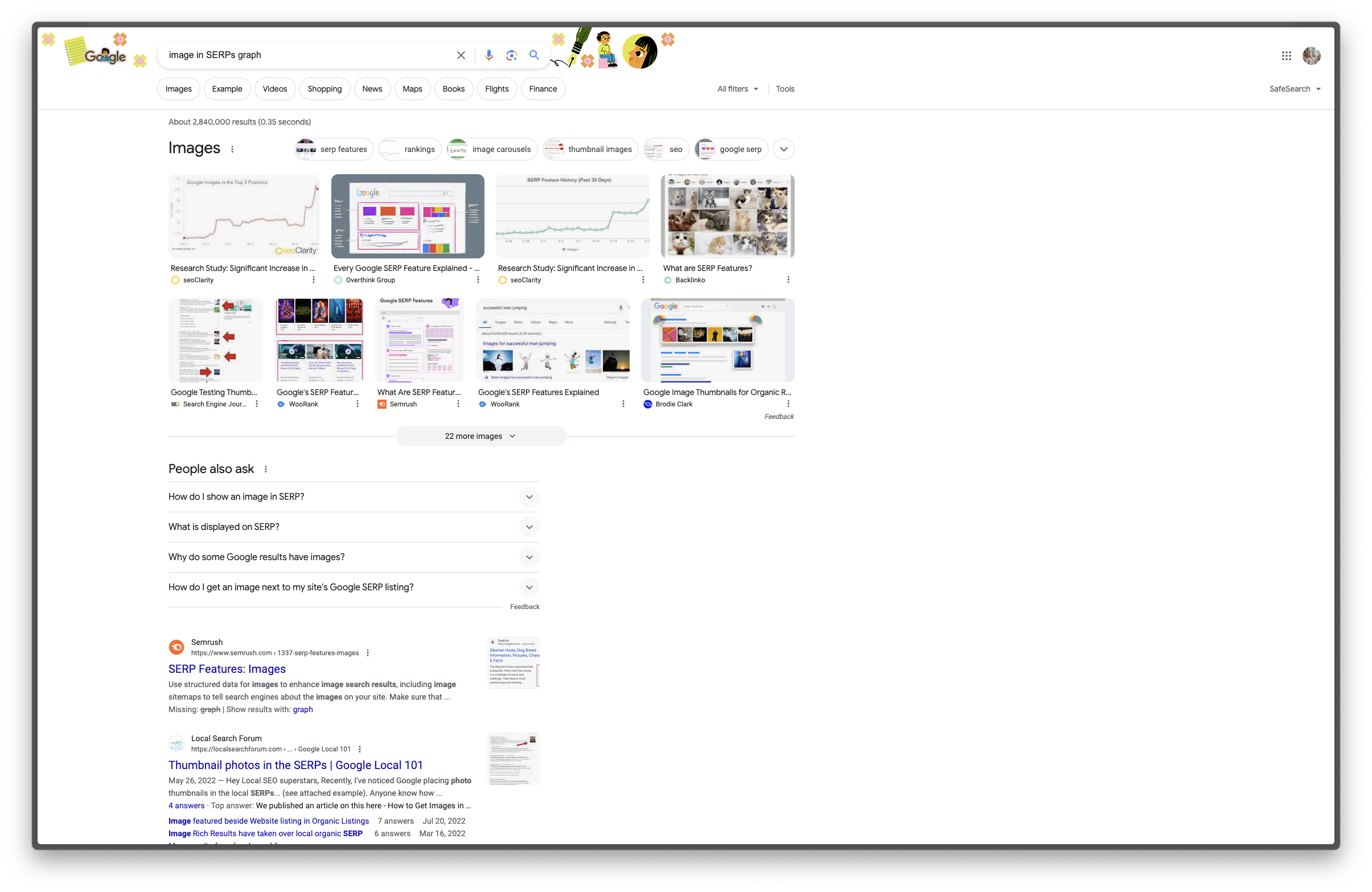 A browser screenshot for a SERP that shows a two-row image box that takes more than 50% of the screen real estate, pushing the organic results to only two visible entries.